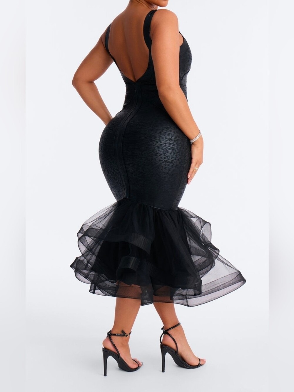 Black Fit-and-Flare Tulle-Hem Dress